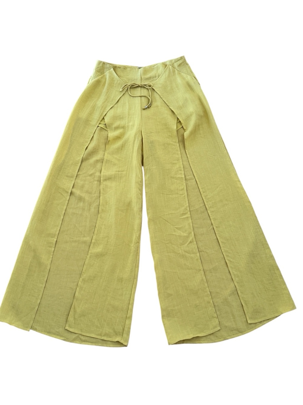 SJ Style Yellow Wide-Leg Split Panel Pants large petite tie waist - Picture 2 of 8